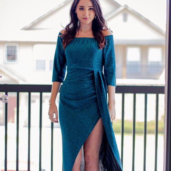 Glitter Off The Shoulder Half Sleeves Ruched Slit Hem Dress - Picture 1 of 9